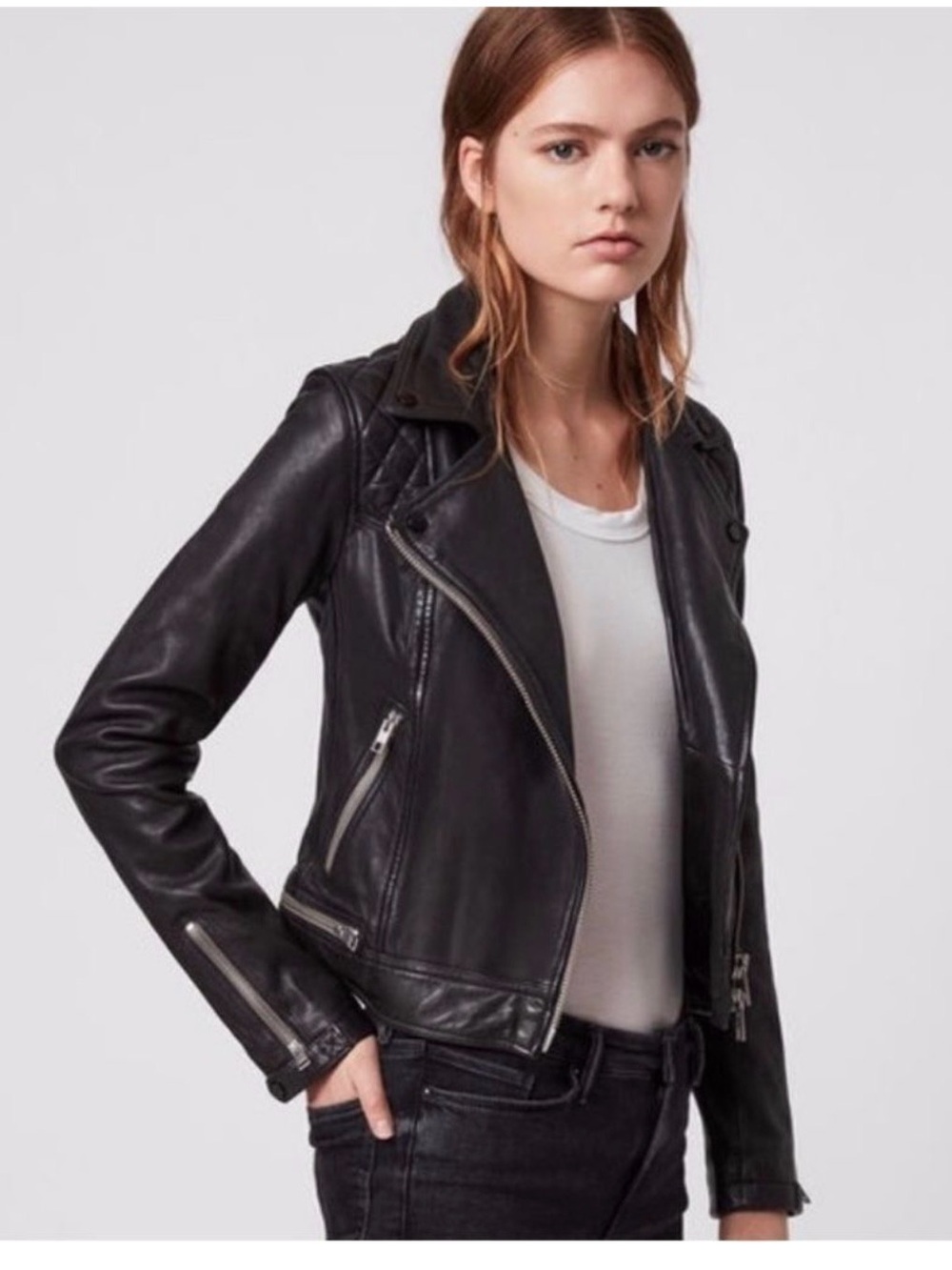 All Saints Black Leather Quilted Shoulder Jacket with Silver Hardware - Picture 2 of 8